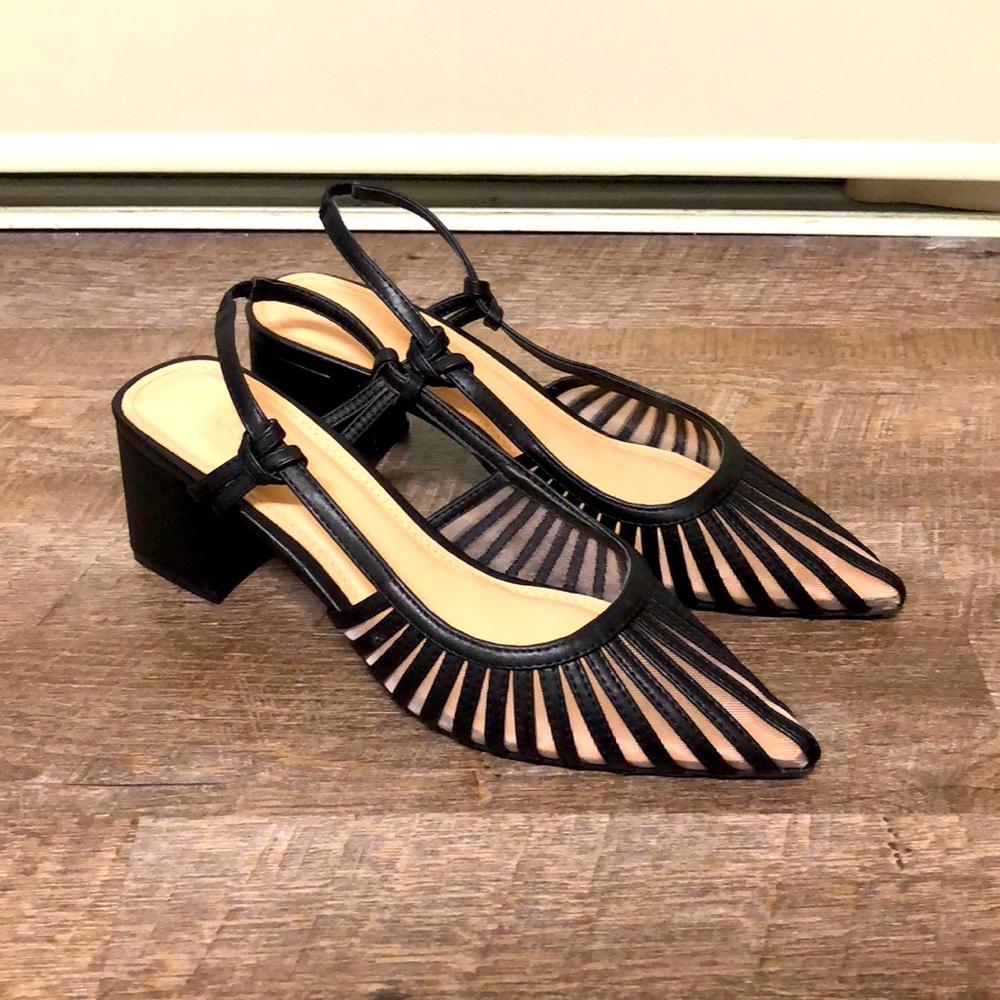 JustFab Black Slingback Pumps with Block Heel and Mesh Detail